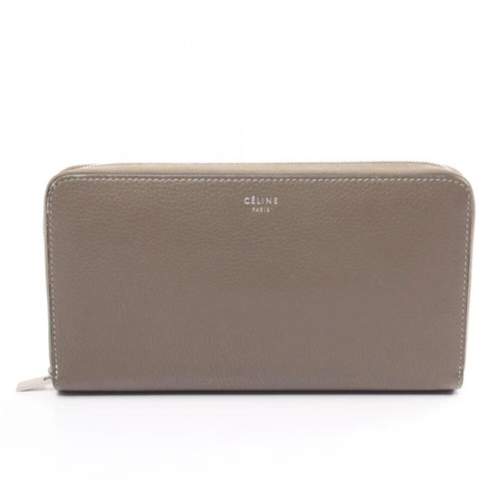 CELINE Large Zip Multi-Function Round Zipper Long Wallet Leather SOURIS Greige
